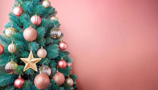 stock image Festive Christmas Tree with Golden Ornaments on Teal Background, copy space, Decorative background