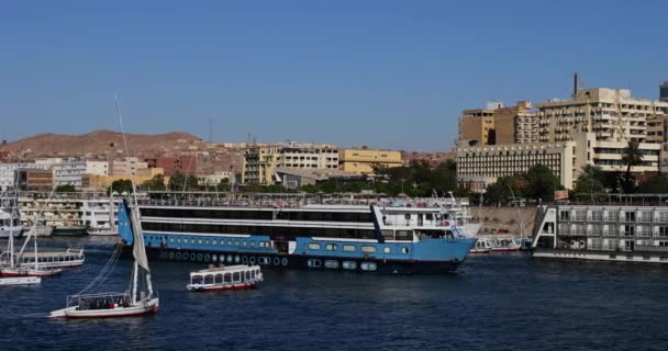 在埃及阿斯旺尼罗河沿岸停靠的游轮 — 图库视频影像