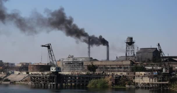 Smoke Billows Chimneys Stacks Sugar Refinery Which Sits Bank River — Stock Video