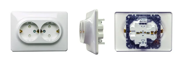 室内电源插座 两个插座 三个位置 白色背景隔离 — 图库照片