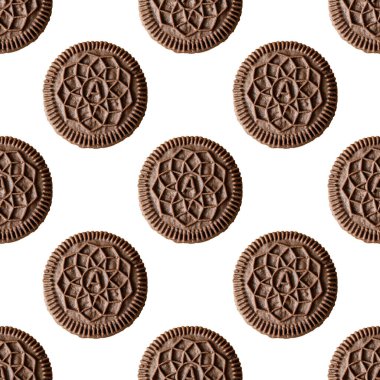 Kusursuz desenli beyaz arka planda izole edilmiş vanilyalı bir yuvarlak kakao bisküvisi.