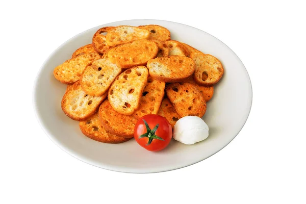 Plakjes Geroosterd Brood Met Tomaat Mozzarella Smaak Een Plaat Geïsoleerd — Stockfoto