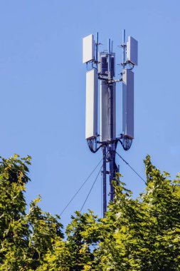 5G mobil iletişim sisteminin telekomünikasyon antenleri ağaçların çok üstünde, gökyüzü arkaplanına karşı