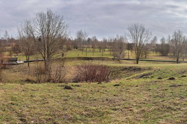 Büyük yeşil alan dağınık ağaçlara ve bulutlu bir gökyüzünün altında dolambaçlı bir yola sahiptir. Huzurlu bir çevre, bir parkın huzurlu atmosferini çağrıştırıyor..