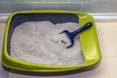 Parlak yeşil kedi kumluğu iyi kum torbalarıyla doludur ve tepesinde de atığı yakalayan mavi bir kepçe vardır..