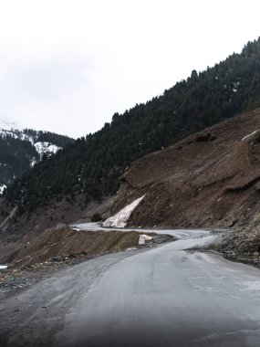 Kashmir 'de karla kaplı ağaçlar ve dağlarla kaplı güzel kış manzarası.