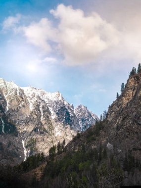 Kashmir 'de karla kaplı ağaçlar ve dağlarla kaplı güzel kış manzarası.