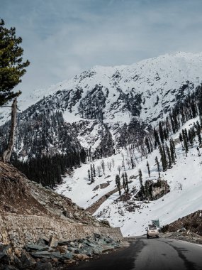 Kashmir 'de karla kaplı ağaçlar ve dağlarla kaplı güzel kış manzarası.