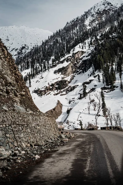 stock image Beautiful winter landscape with snow covered trees and mountains in Kashmir.