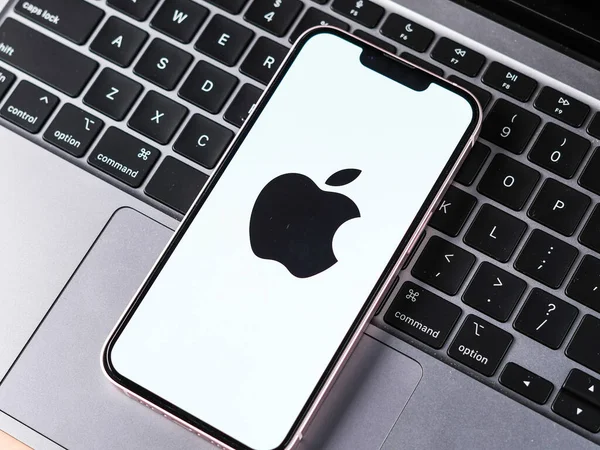 stock image West Bangal, India - April 20, 2022 : Apple logo on phone screen stock image.