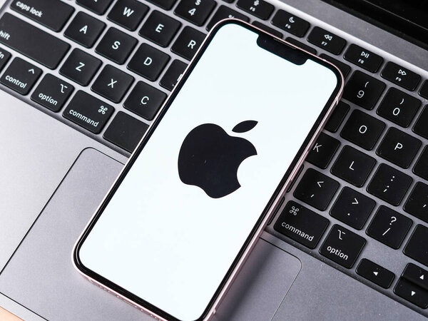 West Bangal, India - April 20, 2022 : Apple logo on phone screen stock image.