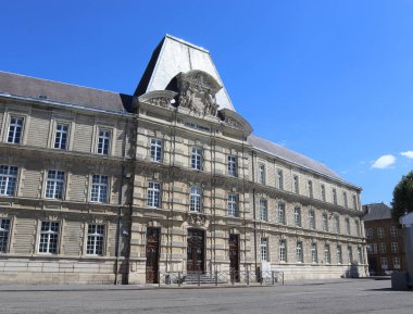 The beautiful 19th century facade of the Turenne High School on Place Crussy, in Sedan in Grand Est, France. Copy space on right.