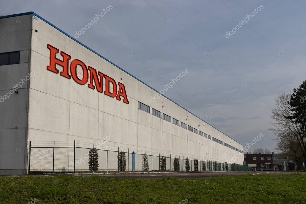 AALST, BELGIUM, 10 MARCH 2024: View of the Honda Motor Europe Logistics building in Aalst. The center handles the distribution of cars, motorbikes, power products and industrial engines in Europe.