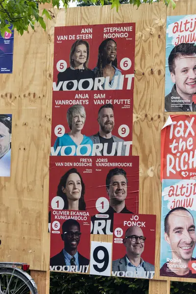 stock image AALST, BELGIUM, 30 MAY 2024: Political posters for the centre left party 'Vooruit'. It is the Flemish social democratic party in Belgium. Parlimentary and European Elections take place on June 9th 