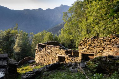 Cannobio yakınlarındaki Valle Cannobina 'da yıkık dökük bir bina, Piedmont, İtalya, akşam güneşiyle beutifly aydınlatılmış, yemyeşil ve dağ manzaralı.