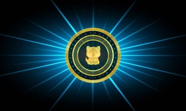 Baby doge virtual currency logo on colorful lights background. 3d illustration