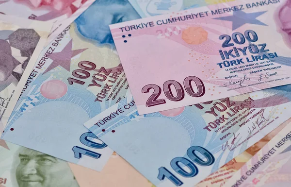 Verschillende Afbeeldingen Van Bankbiljetten Turkse Lira Foto — Stockfoto