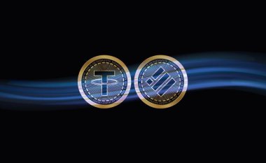 Busd ve USdt madeni para sanal para birimi görünümleri. 3d illüstrasyon