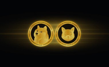 Shiba inu ve dogecoin sanal para birimi görselleri soyut bir arkaplanda. 3d illüstrasyon.