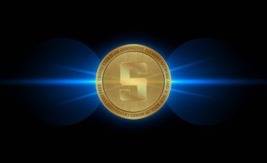  Soyut arka planda kum havuzu ve sanal para birimi logosu. 3d illüstrasyon.