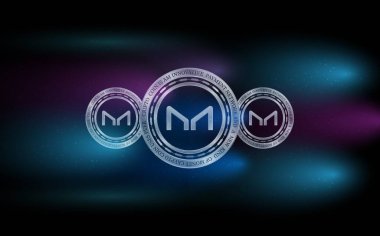 Dijital arka planda sanal para üreticisi-mkr madeni parasının bir görüntüsü. 3d illüstrasyon.