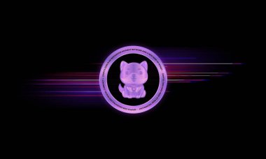 Bebek Doge renkli ışık arka planında sanal para birimi logosu. 3d illüstrasyon