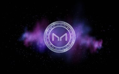 Dijital arka planda sanal para üreticisi-mkr madeni parasının bir görüntüsü. 3d illüstrasyon.