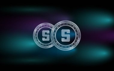  Soyut arka planda kum havuzu ve sanal para birimi logosu. 3d illüstrasyon.