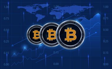 Dijital arkaplandaki bitcoin-btc logosunun görüntüleri. 3d illüstrasyon.