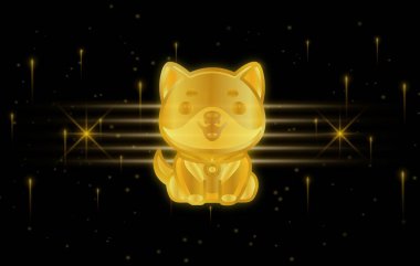 Bebek Doge renkli ışık arka planında sanal para birimi logosu. 3d illüstrasyon