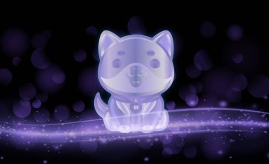 Bebek Doge renkli ışık arka planında sanal para birimi logosu. 3d illüstrasyon