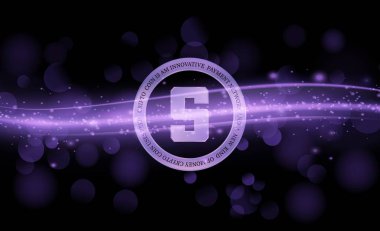  Soyut arka planda kum havuzu ve sanal para birimi logosu. 3d illüstrasyon.