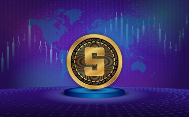  Soyut arka planda kum havuzu ve sanal para birimi logosu. 3d illüstrasyon.