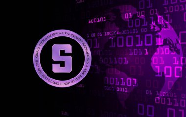  Soyut arka planda kum havuzu ve sanal para birimi logosu. 3d illüstrasyon.