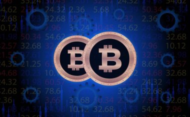 Dijital arkaplandaki bitcoin-btc logosunun görüntüleri. 3d illüstrasyon.