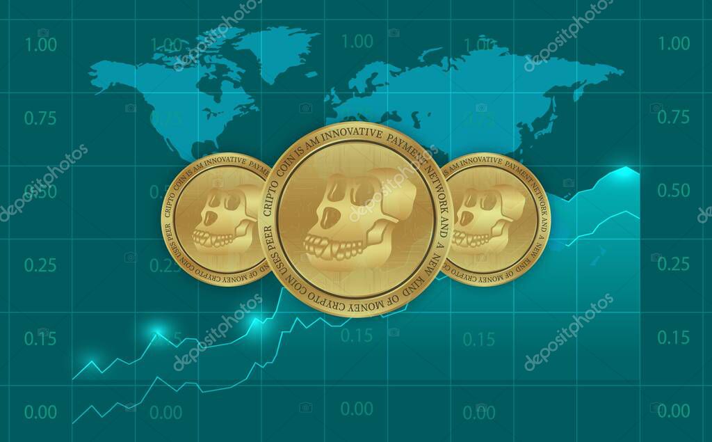 Image of apecoin virtual currency on a digital background. 3d illustration.