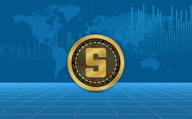  Soyut arka planda kum havuzu ve sanal para birimi logosu. 3d illüstrasyon.