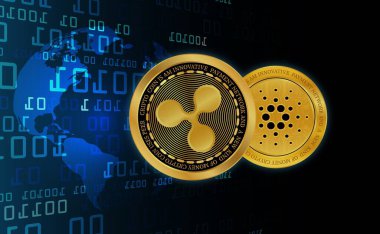 cardano-eth and  ripple-xrp virtual currency logo. 3d illustrations.