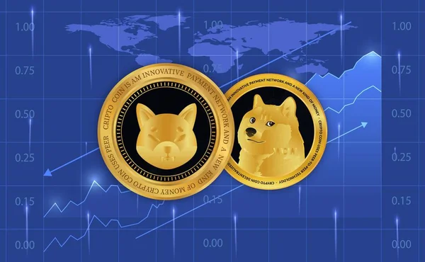 Shiba Inu Και Dogecoin Εικονικές Εικόνες Νόμισμα Ένα Αφηρημένο Φόντο — Φωτογραφία Αρχείου