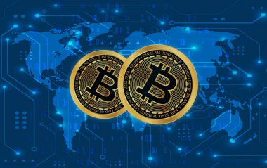 Dijital arkaplandaki bitcoin-btc logosunun görüntüleri. 3d illüstrasyon.