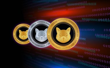 Shiba renkli arka planda sanal para birimi görselleri. 3d illüstrasyon.
