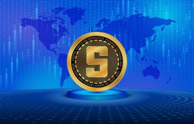  Soyut arka planda kum havuzu ve sanal para birimi logosu. 3d illüstrasyon.