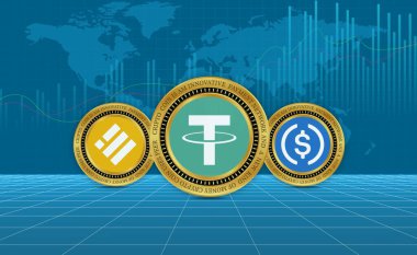 tether, usdc and busd virtual currency image in the digital background. 3d illustrations.
