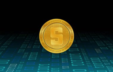  Soyut arka planda kum havuzu ve sanal para birimi logosu. 3d illüstrasyon.