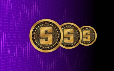  Soyut arka planda kum havuzu ve sanal para birimi logosu. 3d illüstrasyon.