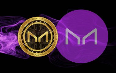 Dijital arka planda sanal para üreticisi-mkr madeni parasının bir görüntüsü. 3d illüstrasyon.