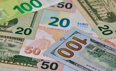 Images of various country notes. US dollar, euro and Turkish lira photos.