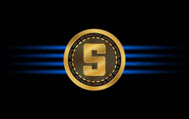  Soyut arka planda kum havuzu ve sanal para birimi logosu. 3d illüstrasyon.