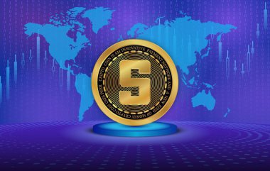  Soyut arka planda kum havuzu ve sanal para birimi logosu. 3d illüstrasyon.