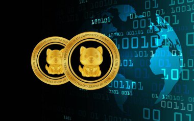 Baby doge virtual currency logo on colorful lights background. 3d illustration